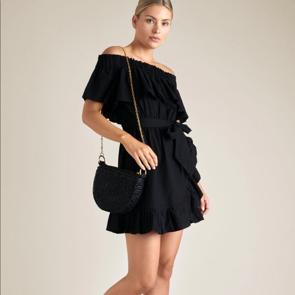 SEED HERITAGE Black ‘Off Shoulder Frill dress’, cotton linen blend, wrap, Size 6 - Picture 2 of 16